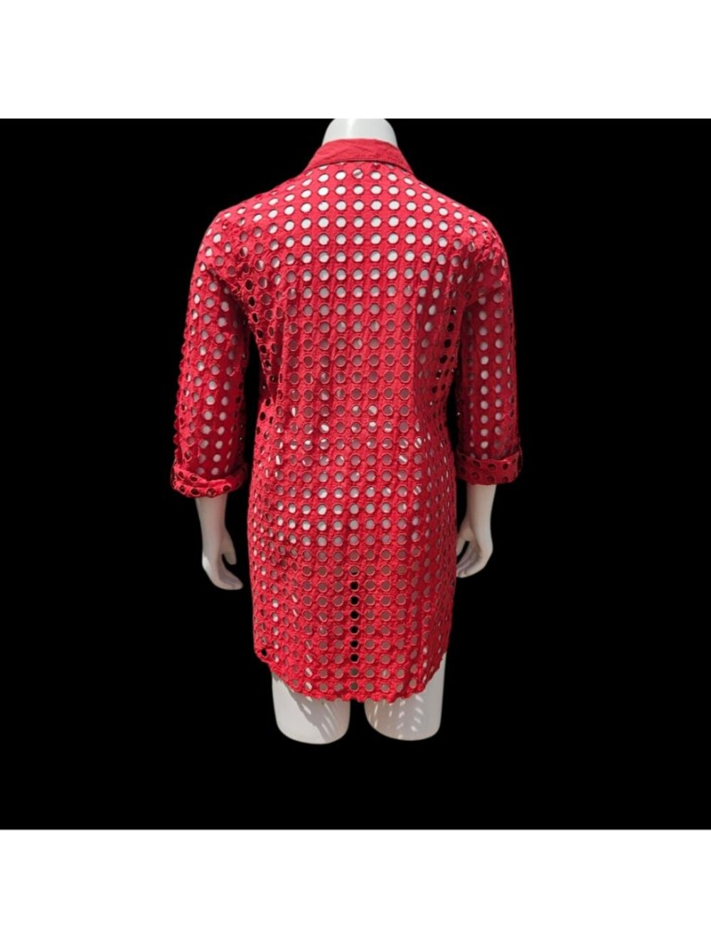 Adiva Red Eyelet Cutout Tunic Shirt Beach Coverup Roll Sleeve Size L - Picture 6 of 12